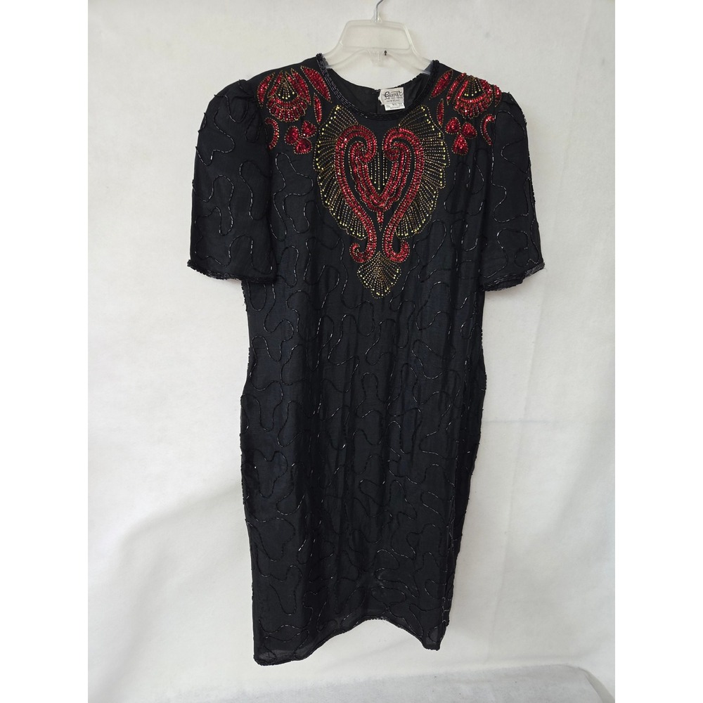 Gunit Fashions New York Vintage 100% Silk Beaded Shift Dress Black Red Gold XL